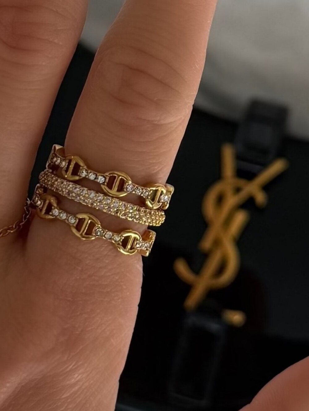 Gold Plated Stacked Interlocked Chain Link And CZ Size 9 Trio Ring